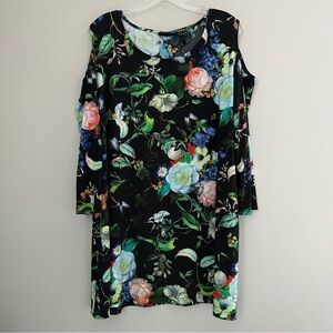 Attitudes by Renee Floral Print Bird butterfly Cold Shoulder Quarter Sleeve Top